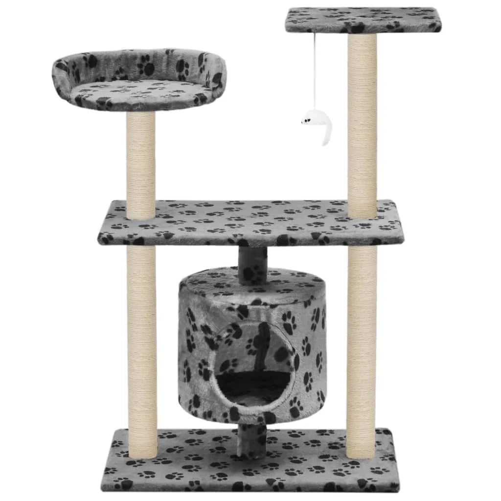 Tiragraffi albero per gatti cuccia per gatti peluche in sisal 95 cm grigio con motivo a impronta di zampa 3702235
