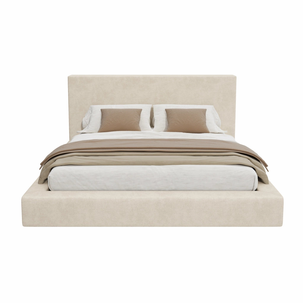 Letto matrimoniale imbottito 180x200 cm con rete a doghe e testiera capitonné; rivestimento in ciniglia; beige