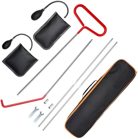 Kit di accessori 5 pezzi per serrature auto e camion, composto da pinza lunga, pistola a aria e sacchetto per pompa a stantuffo senza danni.