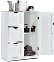 Armadietto da bagno con ripiano regolabile, in legno, 60 x 30 x 81 cm, con 3 cassetti e 1 porta, per soggiorno, cucina, corridoio (bianco)