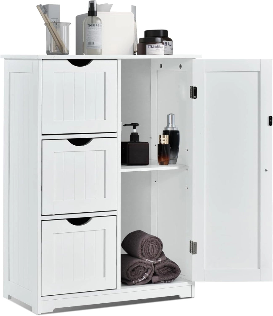 Armadietto da bagno con ripiano regolabile, in legno, 60 x 30 x 81 cm, con 3 cassetti e 1 porta, per soggiorno, cucina, corridoio (bianco)