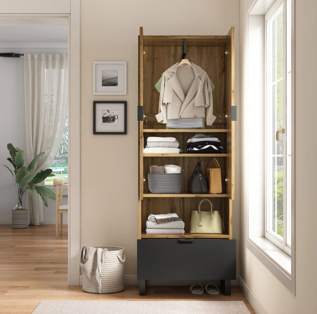 Armadio guardaroba 180x65x38 cm con barra appendiabiti; ripiani regolabili e cassetto in truciolare naturale