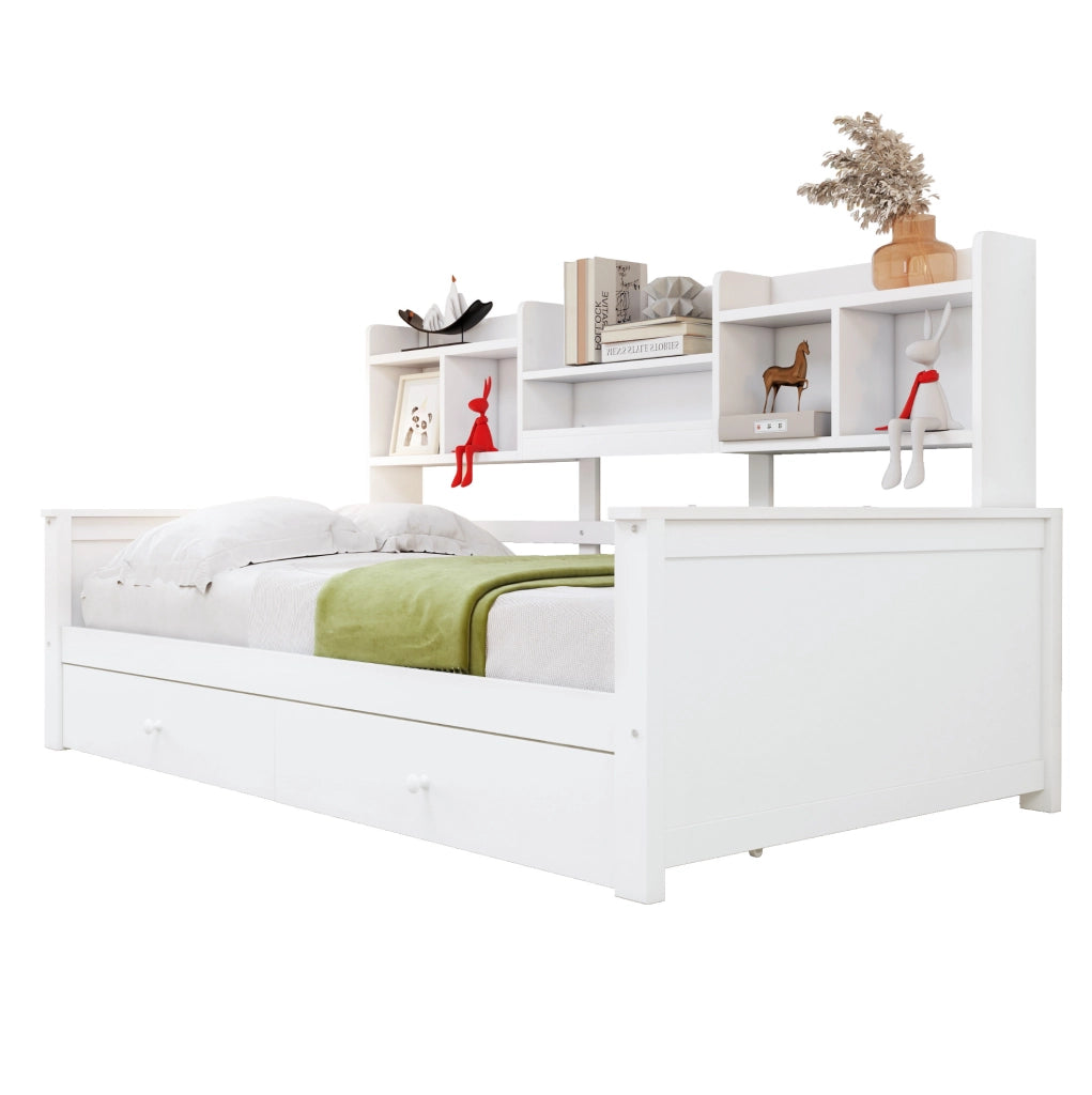 Divano letto 90x200 cm in legno con 2 cassetti e vani laterali; bianco