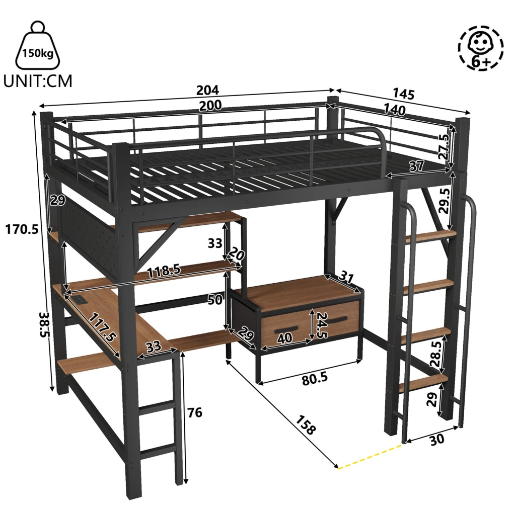 Letto a soppalco 140x200 cm con scrivania; ripiani; cassetti in tessuto; LED e USB; nero