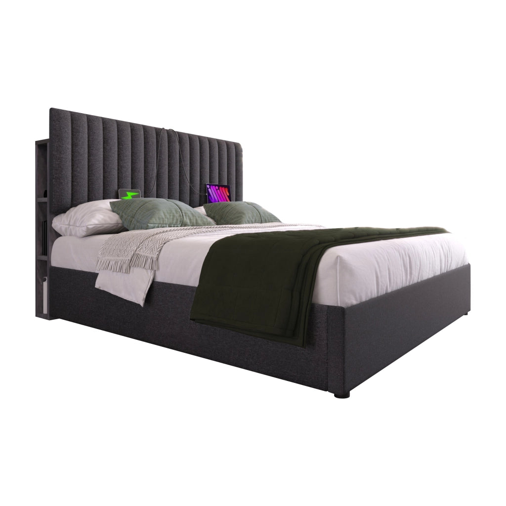 Letti contenitori 140x200 cm con LED e USB; contenitore testiera; lino; grigio (Senza materasso)