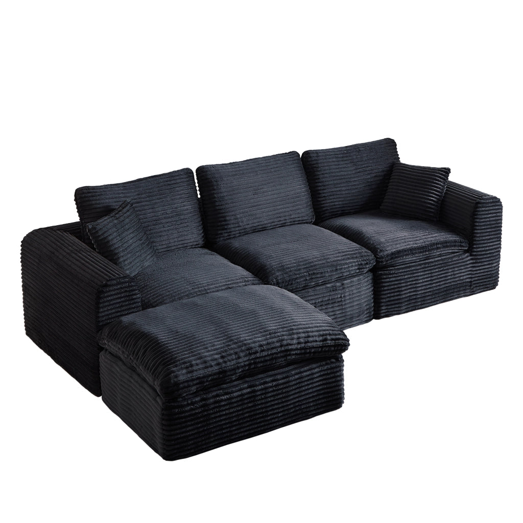 Divano modulare 3 posti con funzione letto e chaise longue in velluto a coste nero e blu 280×180×65 cm