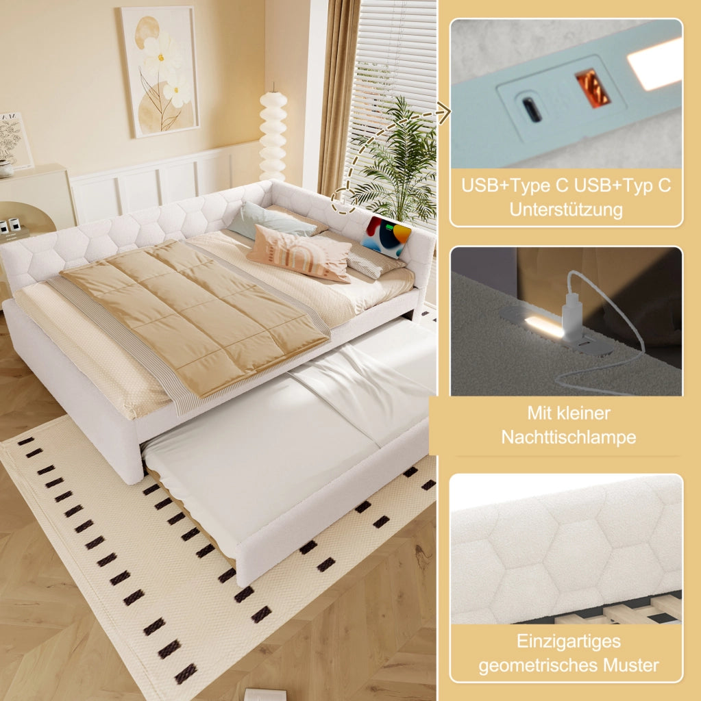 LETTO Daybed 140x200 cm bianco con letto estraibile, USB e Type-C