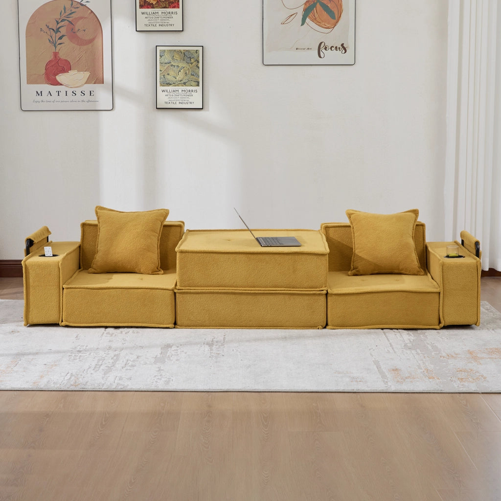 Poltrona pouf con tasche laterali e 2 cuscini; schienale basso; ciniglia giallo senape 162 Ã— 78 Ã— 66 cm