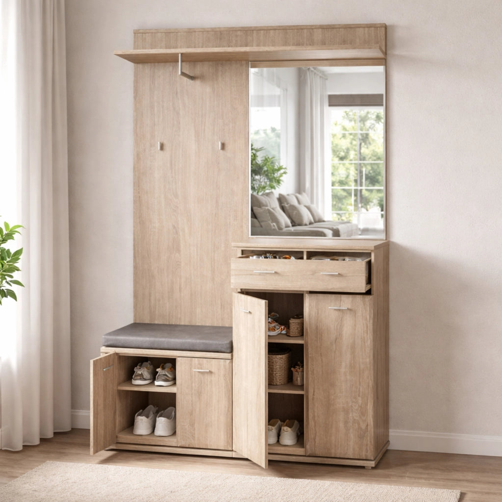 Set Ingresso Con Panca Portascarpe Appendiabiti Mobile Entrata Specchio Mobiletto Contenitore Multifunzione Salvaspazio Corridoio Casa Design Moderno 120 x 32 x 203 Cm Rovere