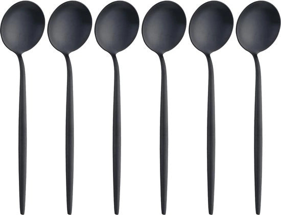 Cucchiaio per caffè, cucchiaio di metallo inox, cucchiaio da tè, cucchiaio da dessert, confezione da 6 pezzi & forchetta, resistente alla lavastoviglie, lunghezza 12,5 cm (nero)