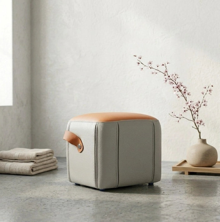 Pouf grigio e arancione in PU con maniglia per il trasporto