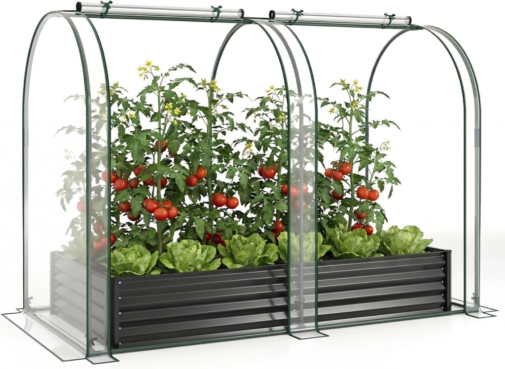 Orto Rialzato da Giardino con Serra, Fioriera da Esterno in Metallo con Copertura Apribile in PVC, Letto Rialzato da Esterno per Giadino, Cortile e Balcone 198 x 100 x 145 cm (Nero)
