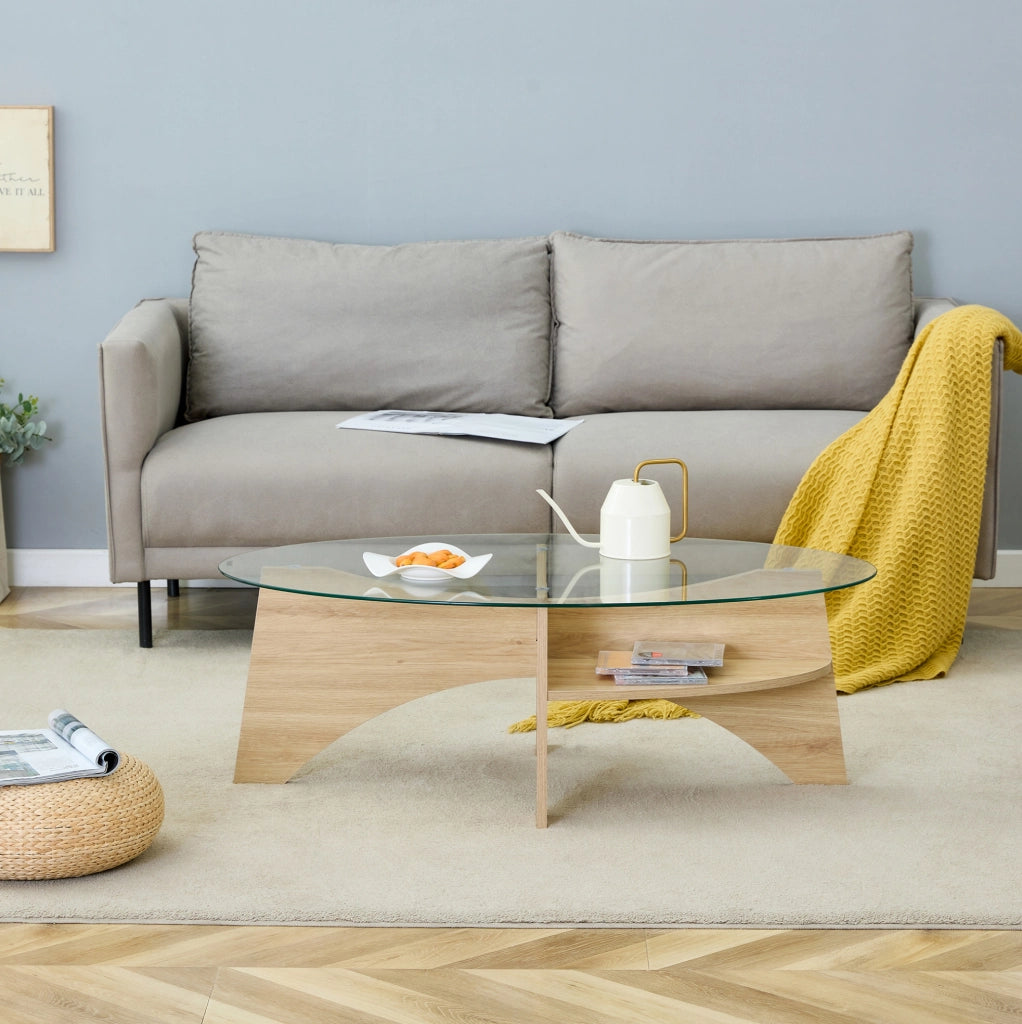 Tavolino da salotto in vetro di sicurezza con ripiano inferiore; MDF e vetro trasparente e legno