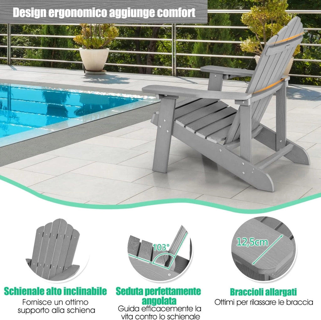 Sedia da Giardino Adirondack in HIPS, Sedia Adirondack con Portabicchieri, Poltrona da Esterno Resistente, per Giardino, Balcone, Piscina, Portata 150 kg (2, Grigio)