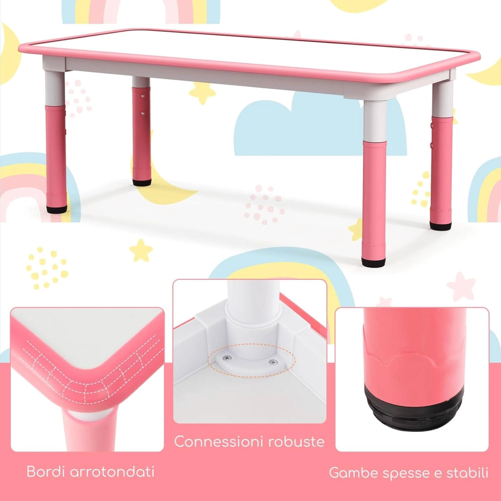 Set Tavolo e 4 Seide per Bambini, Scrivania Regolabile in Altezza con Piano Graffiti, Gambe Antiscivolo, Mobile Multifuzione con 4 Posti per Cameretta, Asilo e Scuola (Rosa)
