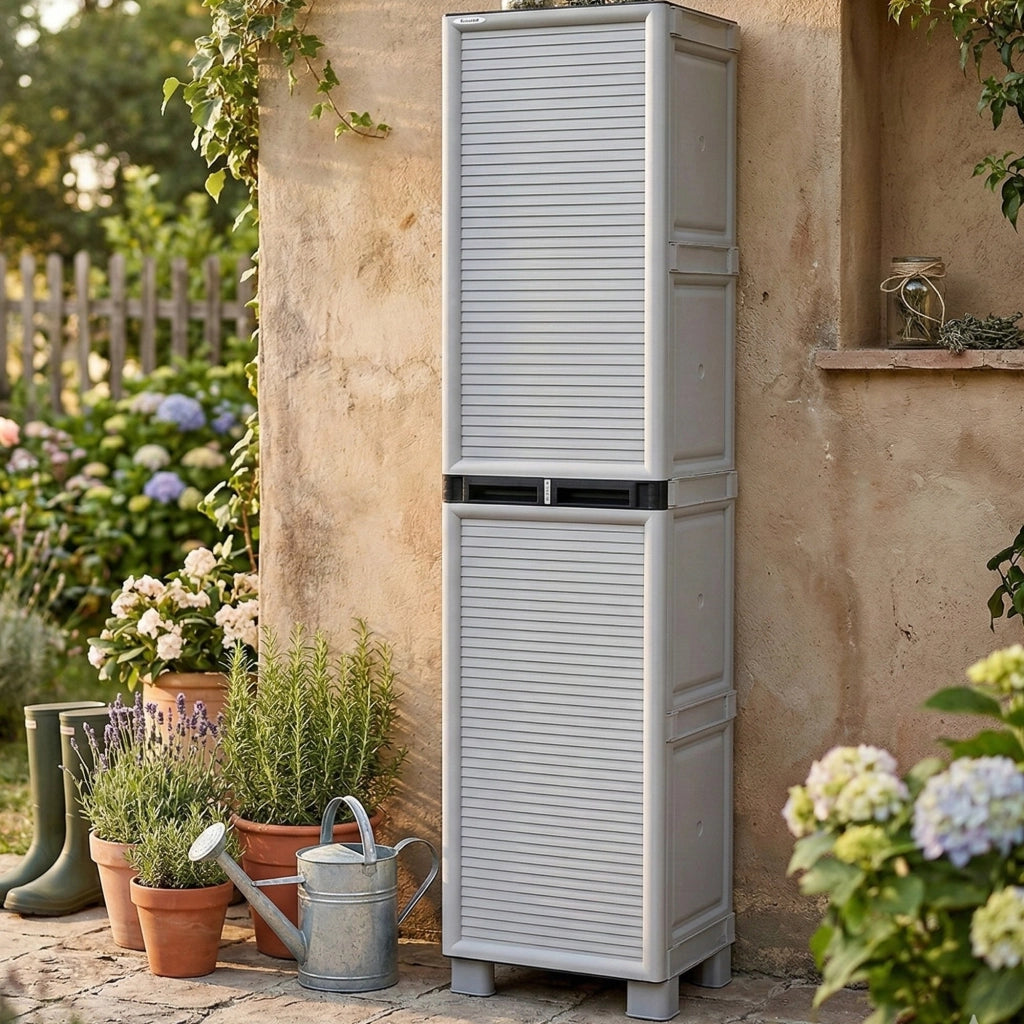 Armadio multiuso da esterno o Allain, Mobile a 1 anta e 3 ripiani in polipropilene, 100% Made in Italy, cm 50x39h172, colore Grigio chiaro