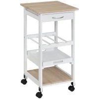 Carrello Da Servizio Carrello Da Cucina A Ruote 2 Ripiani + Piano Estraibile + Cassetto Legno Di Pino Bianco Quercia Chiara