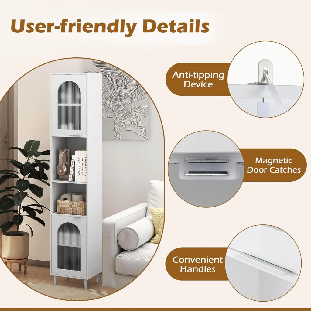 Armadio da Bagno a Colonna Autoportante 180 cm, con Ripiani Regolabili, Scomparti Aperti e Ante in Vetro Temperato, Mobile Portaoggetti per Soggiorno e Cucina, Bianco