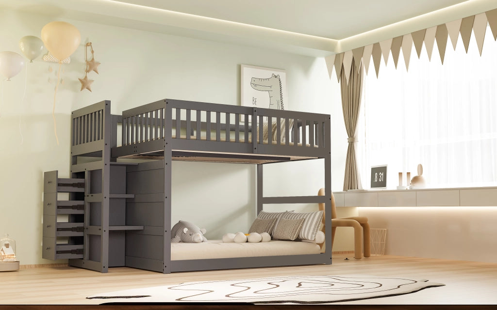Letto a castello basso grigio in legno con scomparti portaoggetti 140x200 cm