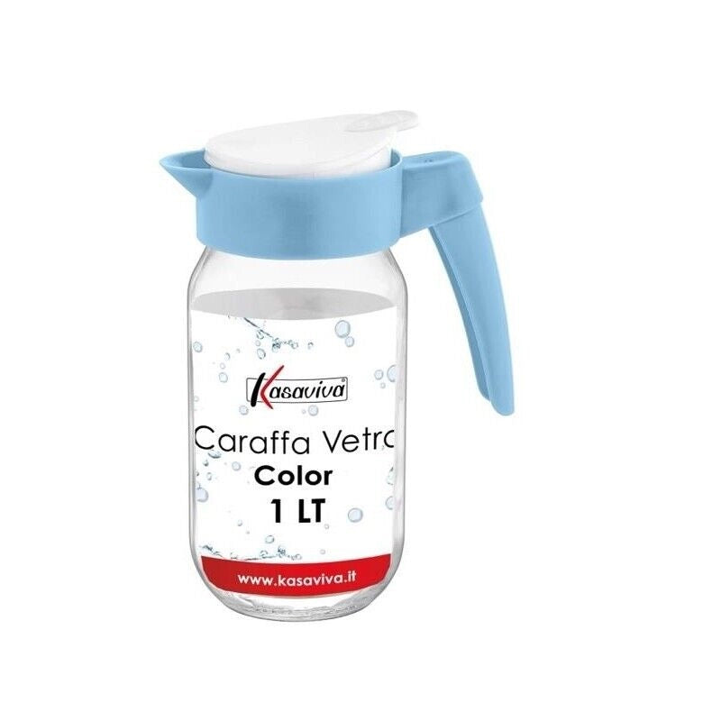 KIT SET 2 PZ CARAFFA IN VETRO TRASPARENTE CON TAPPO COLORATO E CAPIENZA DA 1 LT