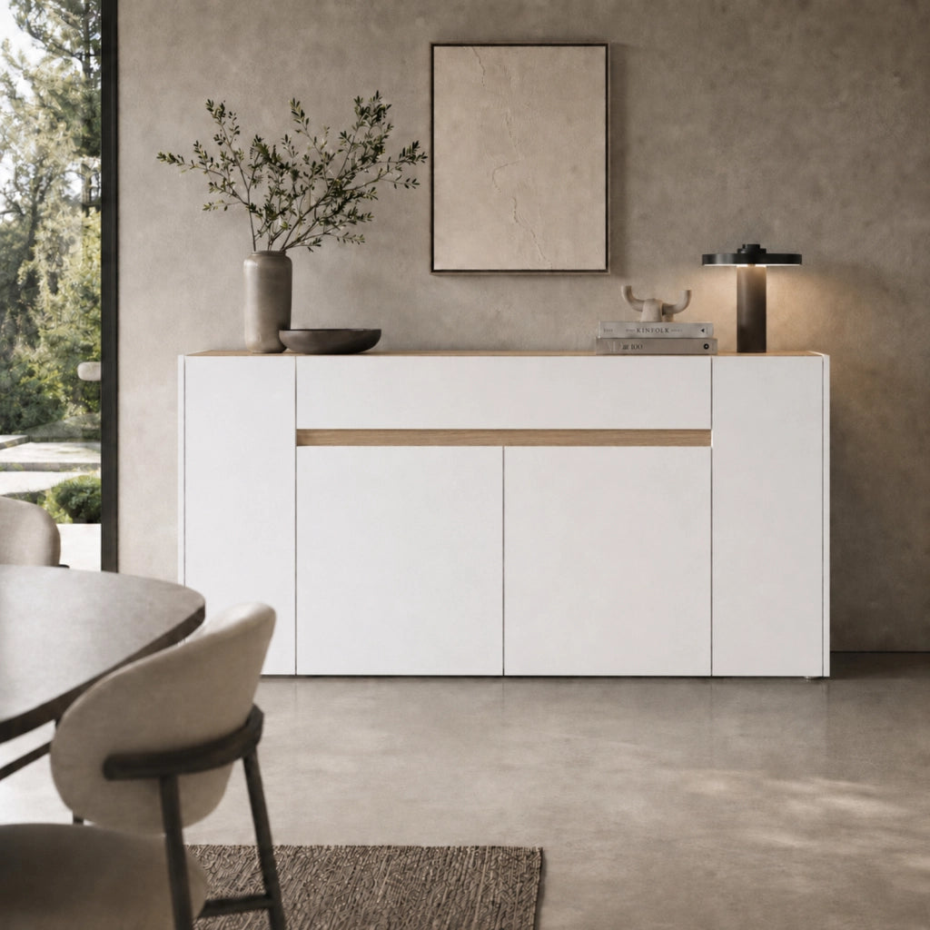 Mobile Contenitore Credenza Moderna In Melaminico Con 4 Ante E 1 Cassetto Design Senza Maniglie Per Soggiorno Sala Da Pranzo 170 X 85 X 40 Cm Bianco E Rovere