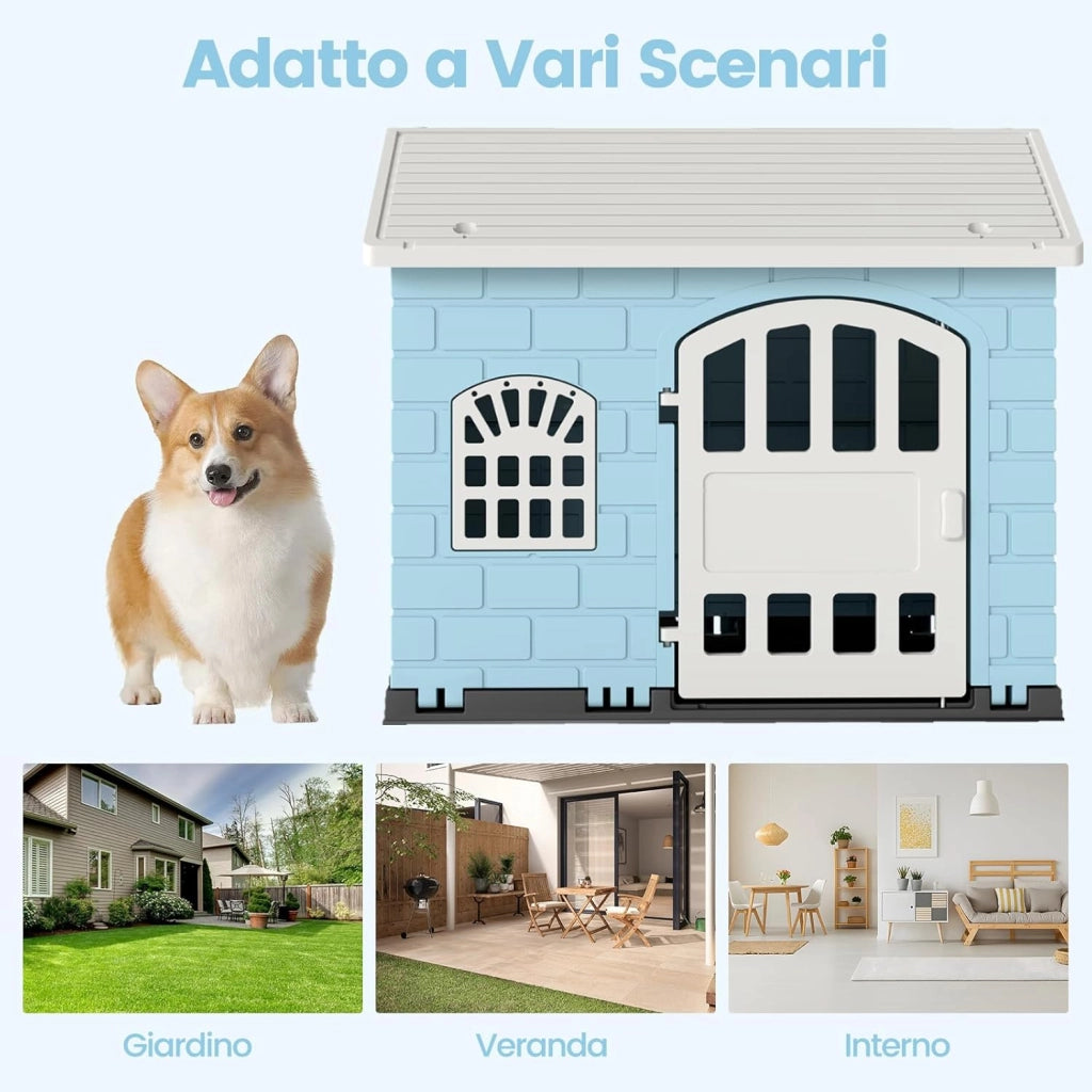 Cuccia per Cani da Esterno ed Interno, Casetta per Cani con Porta Bloccabile, 3 Finestre e Tetto Inclinato, Cucce in Plastica Impermeabile per Cagnolini Piccoli, 75 x 58 x 65 cm (Blu)