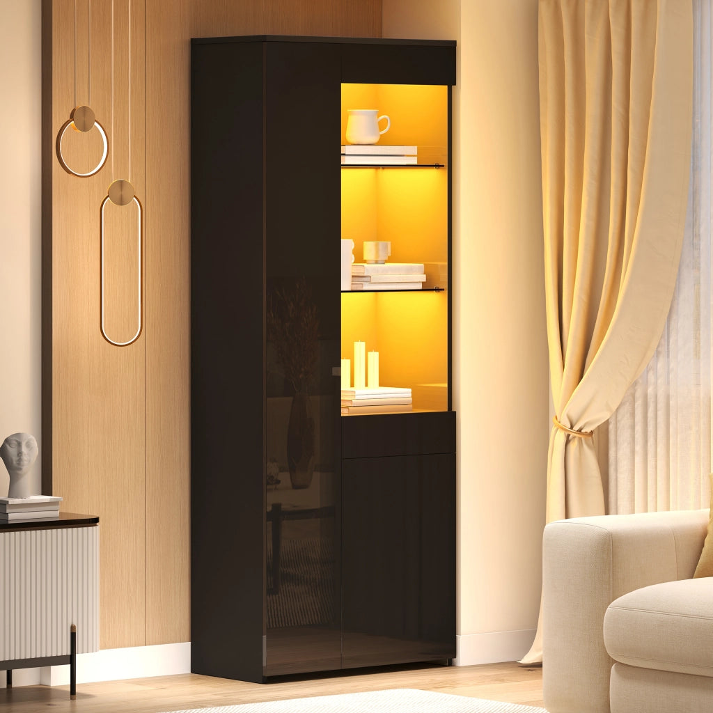 Vetrina con 1 cassetto 2 ante e vani aperti LED controllati da app per soggiorno in truciolare nero 70 × 35 × 180 cm