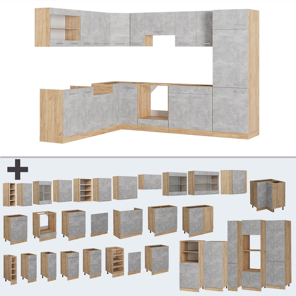 Cucina angolare completa R-Line Calcestruzzo/Rovere dorato 287 x 227 cm senza piano di lavoro Vicco