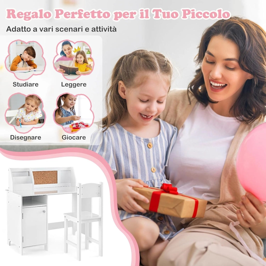 Scrivania per Bambini con Sedia, Set Tavolo e Sedia con Lavagna, Pennarello, Armadietto e Bacheca, Postazione Computer per Studenti e Tavolo da Scrittura per 3+ Anni (Bianco)