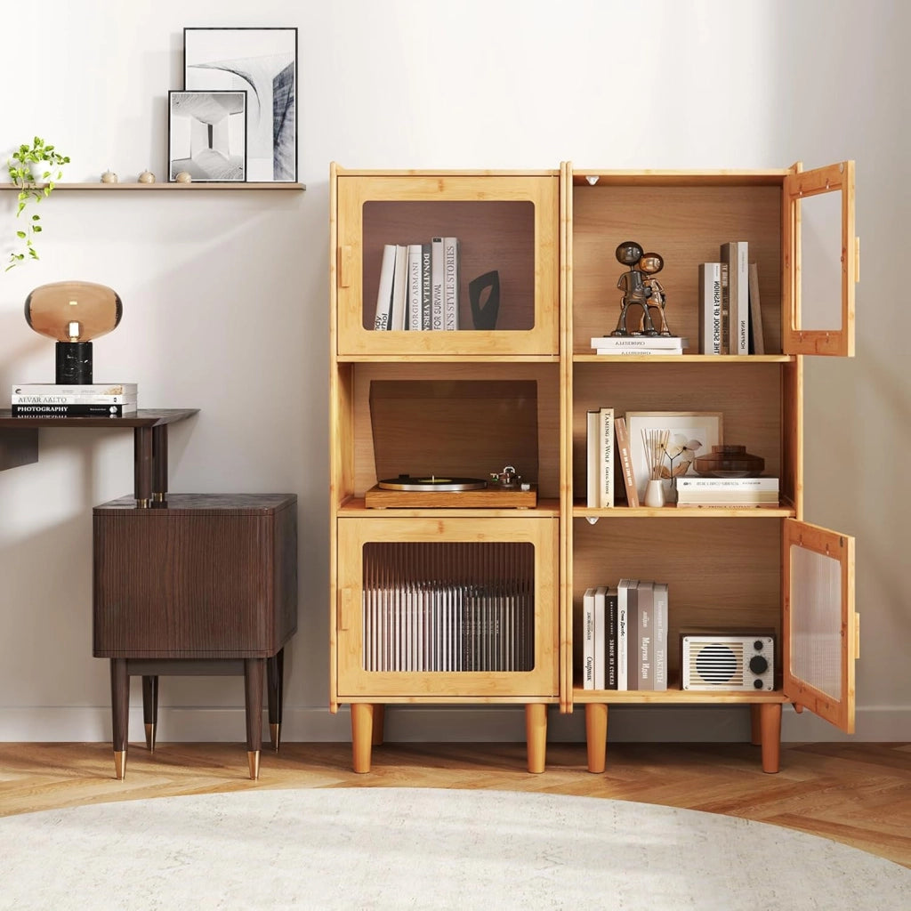 Credenza Cucina Salvaspazio in Bambù, Armadio Dispensa a 3 Cubi, Colonna Cucina con 2 Ante in Acrilico, Kit Anti-Ribaltamento per Sala da Pranzo, Studio, Soggiorno, 49,5x40x130 cm, Naturale