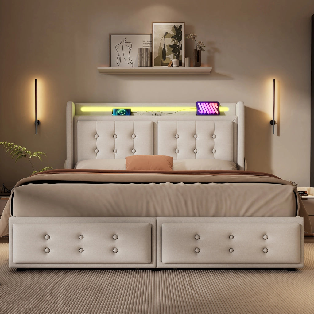 Letto matrimoniale 160x200 cm con LED; porte USB e Type-C; 4 cassetti; beige