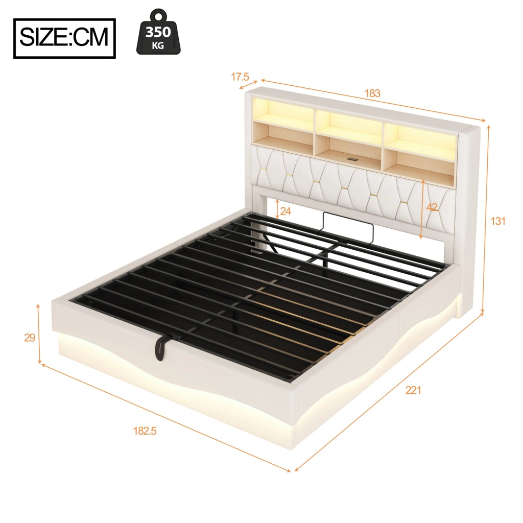 Letto Contenitore 180x200 cm Matrimoniale; LED; USB; con Testiera; in Ferro e Lino Beige