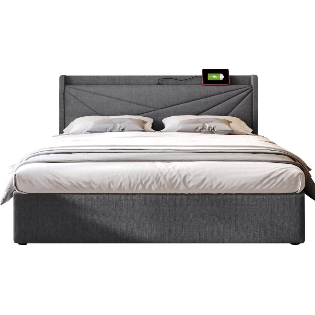 Letto matrimoniale 180x200 grigio con vano contenitore, testiera USB/Type-C e rete