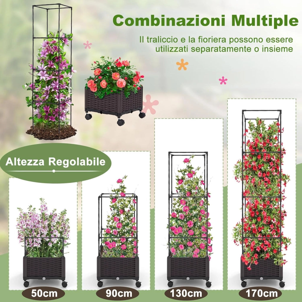 Fioriera con Grigliato per Piante Rampicanti, Letto Rialzato con Spalliera, Sistema di Auto-irrigazione, Altezza Regolabile e Ruote, Fioriera Verticale da Interno ed Esterno