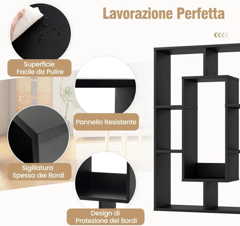 Libreria in Legno, Scaffale Aperto Geometrica a 7 Cubi, Scaffale da Esposizione con Dispositivo Anti-Ribaltamento, per Ufficio Soggiorno Camera da Letto, 60x20x90 cm (Nero)