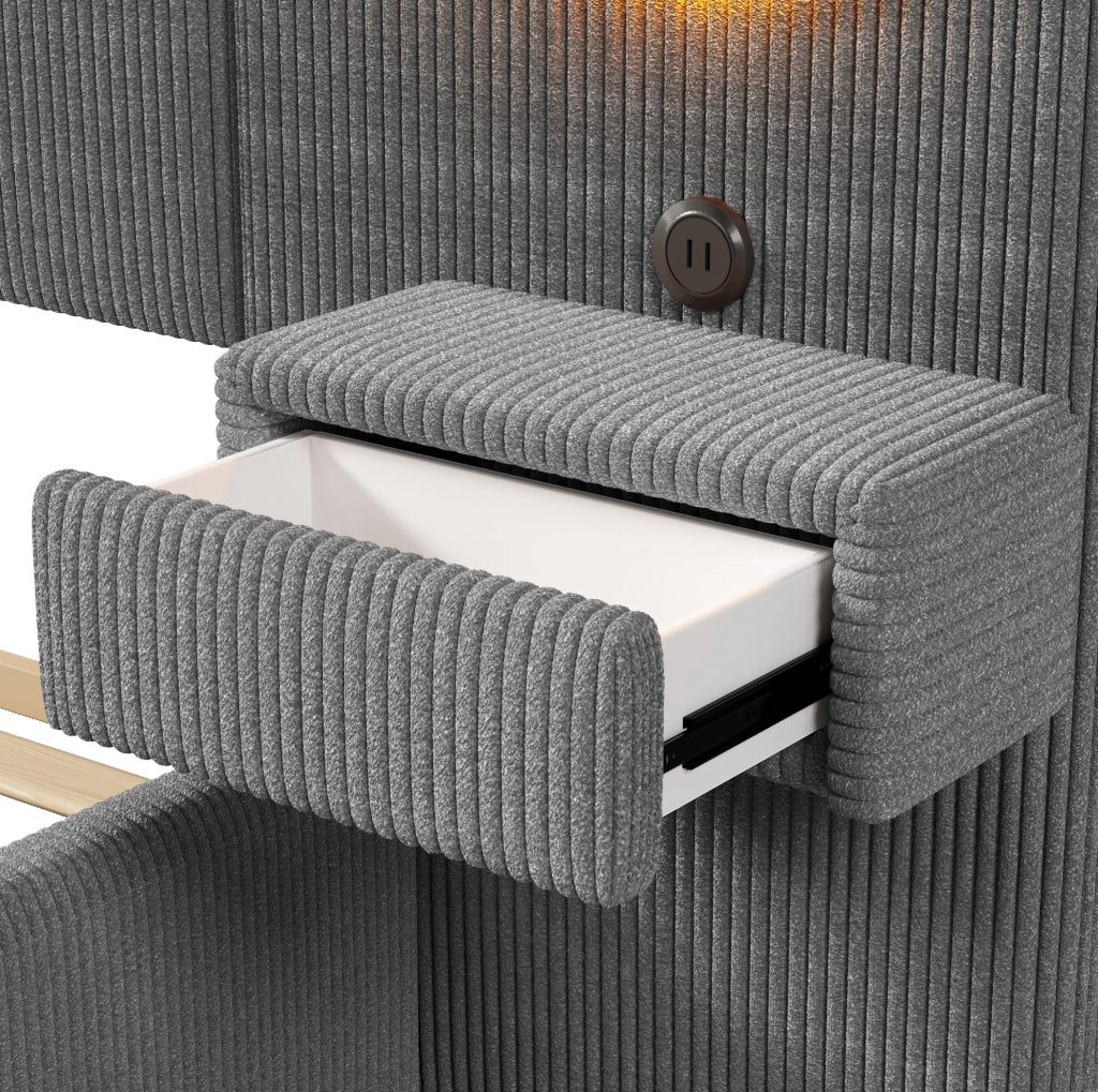 Letto imbottito 180x200 cm in velluto grigio con testiera LED, USB e comodini