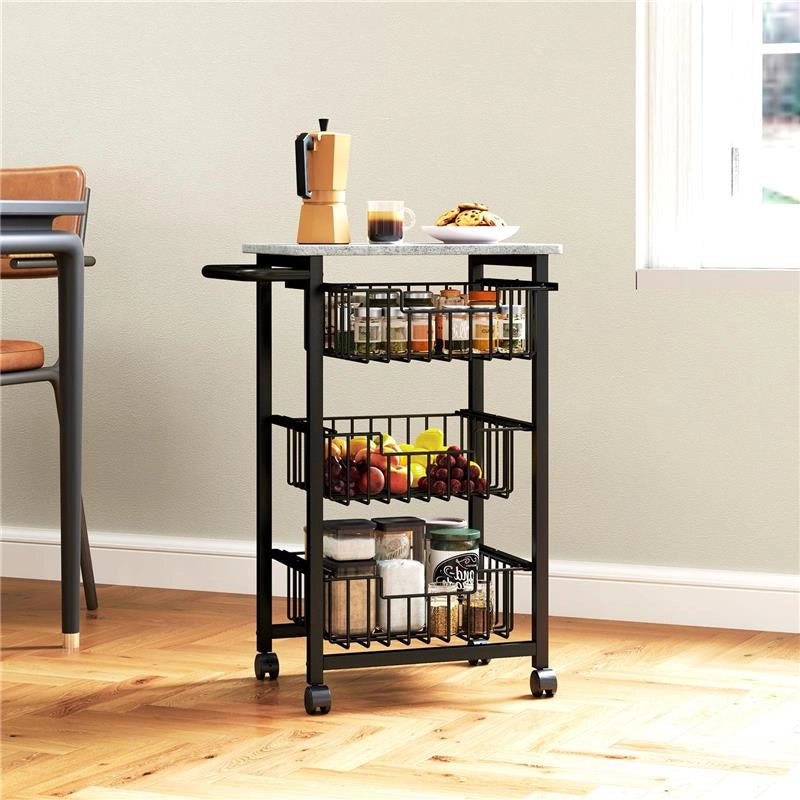 CARRELLO DA CUCINA A 3 CESTELLI CON MANIGLIA, IN ACCIAIO E LEGNO, 49.5X31X69 CM, NERO E GRIGIO CHIARO