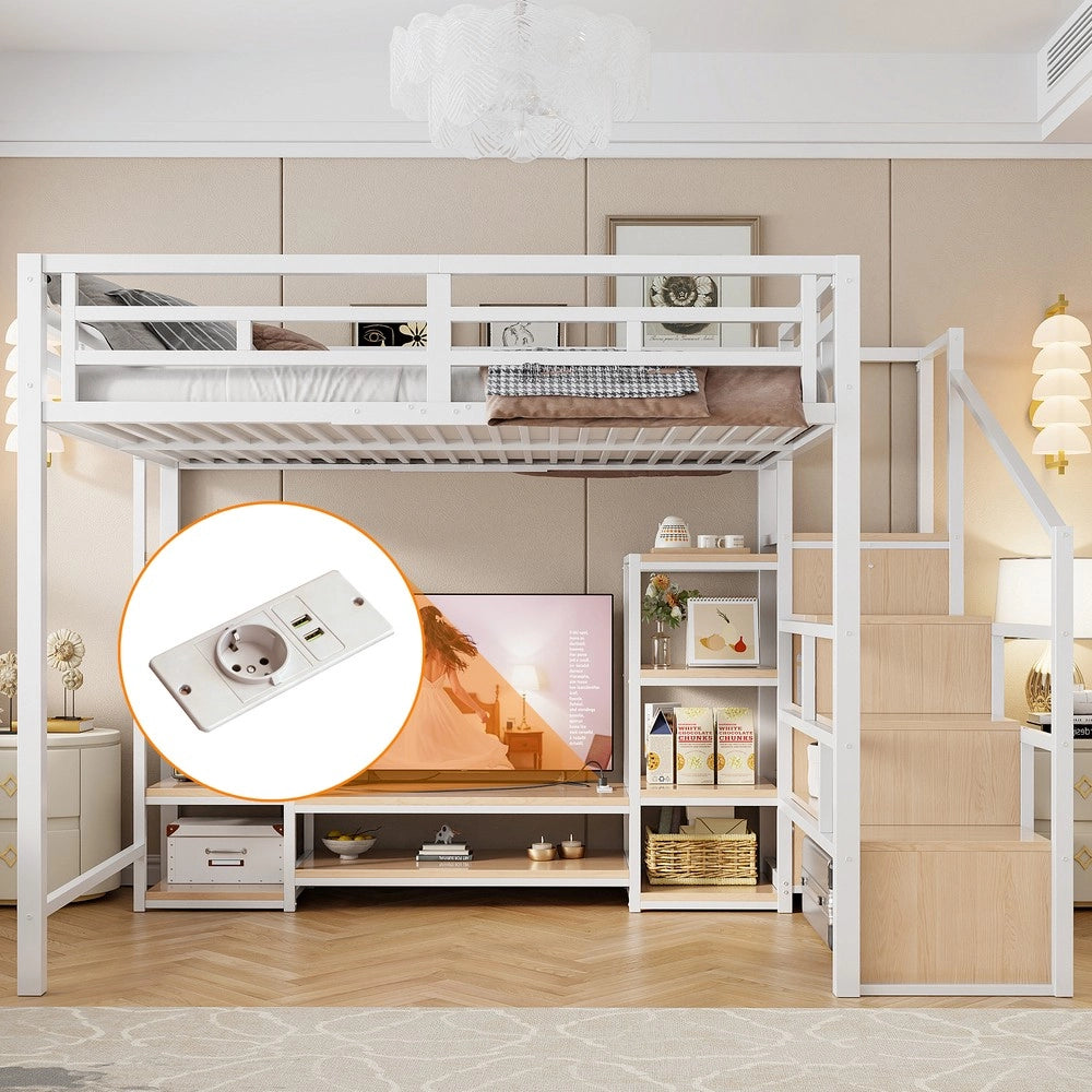 Letto a soppalco con TV - Zephmum- 140x200 - Bianco - Presa di corrente e scala di sicurezza