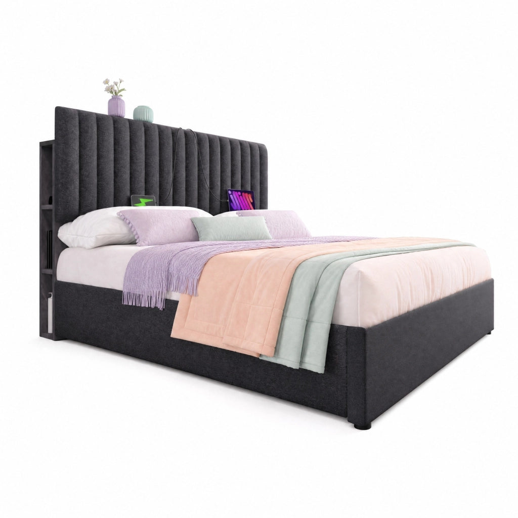 Letto matrimoniale imbottito 160x200 cm con contenitore; LED controllato da app; grigio in lino