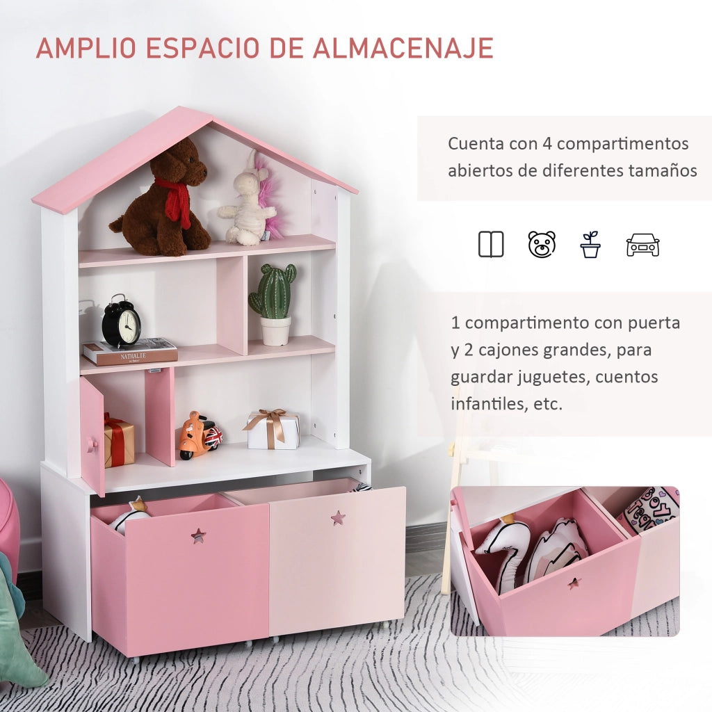 Libreria bambini con 4 ripiani, 1 porta e 2 cassetti ¨C zephmum ¨C rosa e bianco 80x34x130 cm