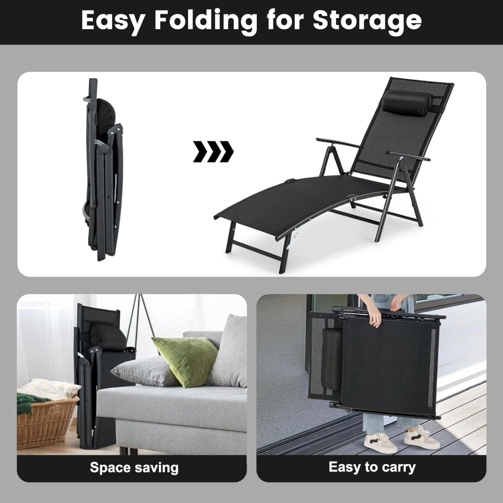 Sedia a sdraio con poggiatesta, lettino pieghevole con schienale regolabile in 7 posizioni, carico 150 kg, sedia da esterno ergonomica con braccioli, 142 x 61 x 103 cm (nero)