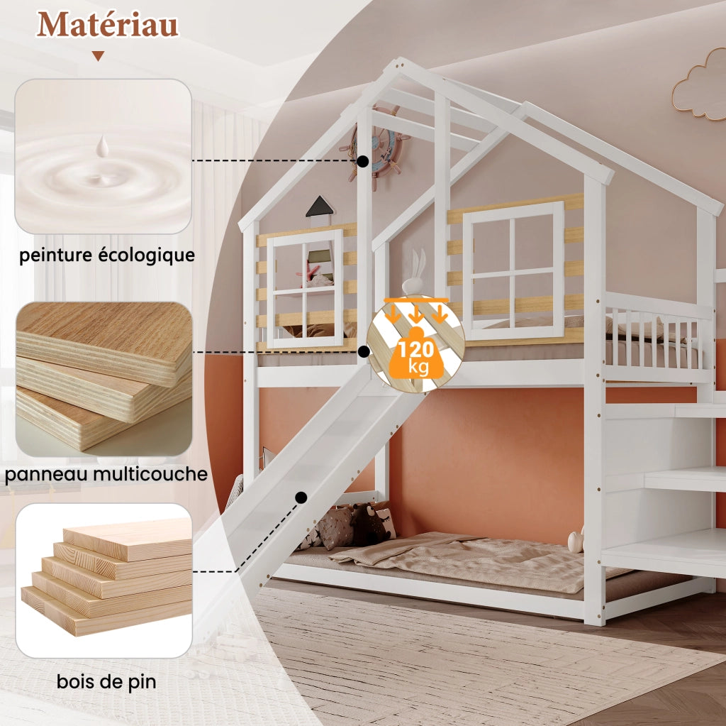 Letto a castello con scivolo, scala e finestra, bianco e naturale