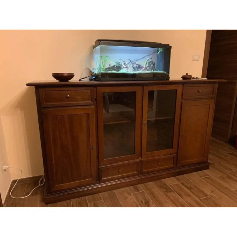 Credenza color noce 4 quattro ante 4 cassetti stile classico in legno e mdf con rifinitura in noce lucido 205x49x113 H