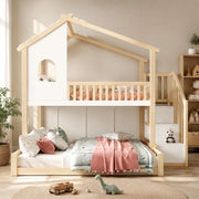 Letto a castello per bambini 90x200/140x200 cm con scala contenitore e sponde; naturale e bianco