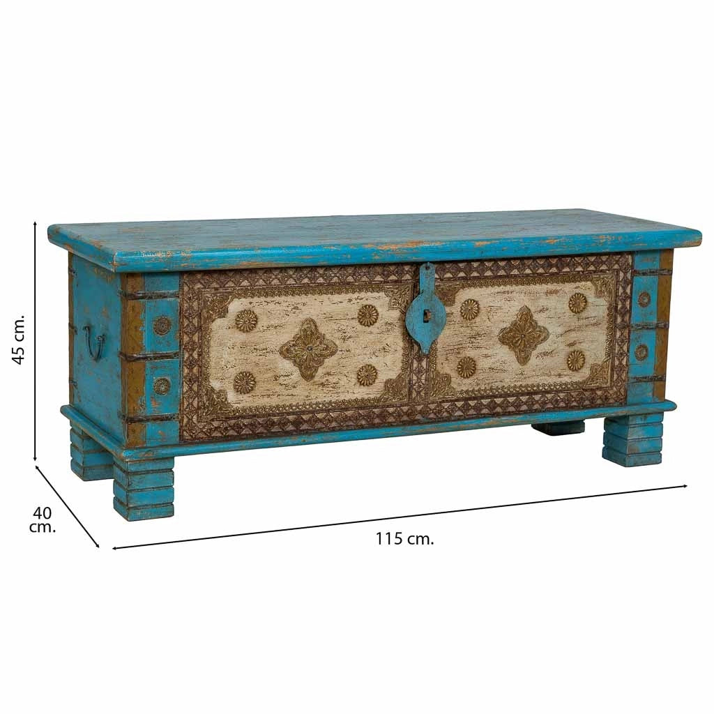 Baule in legno blu fatto a mano 115x40x45h cm