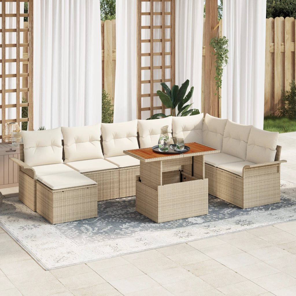 Set da Pranzo da Giardino da 9 Pezzi con Cuscini Beige Polyrattan Acacia