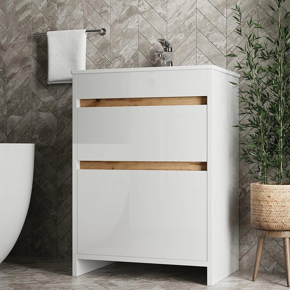 Set di mobili da bagno Detmold, Bianco lucido/oro power oak, 59.6 cm, composto da mobile sottolavabo e lavabo