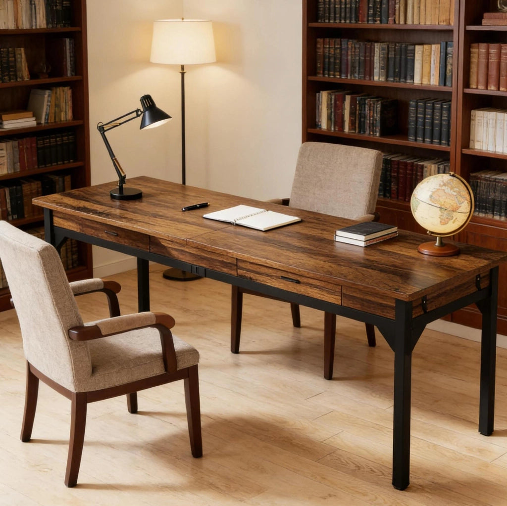 Scrivania doppia ULEVR 200x60x82 cm per 2 persone con 2 cassetti e 2 ganci, nero e marrone rustico