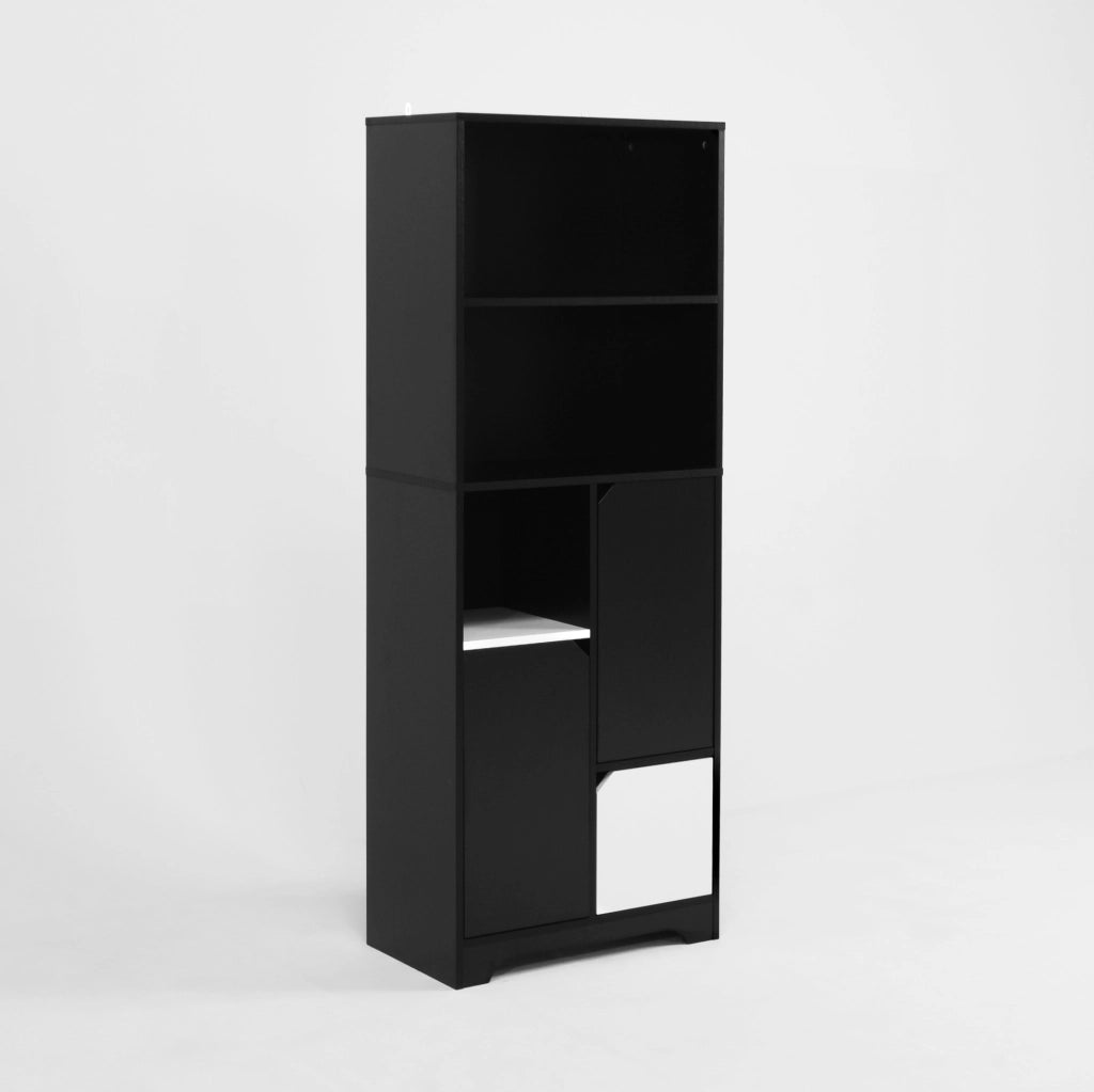 Libreria con 2 ripiani aperti e anta; 60x35x160 cm; truciolare nero