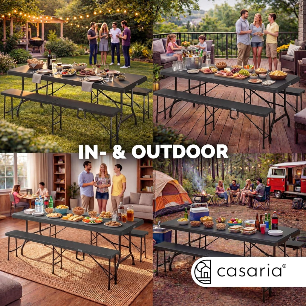 ® Set da Birreria Pieghevole in Plastica con Maniglia Tavolo 2x Panca 3 Pezzi 180cm Campeggio Giardino Sagra